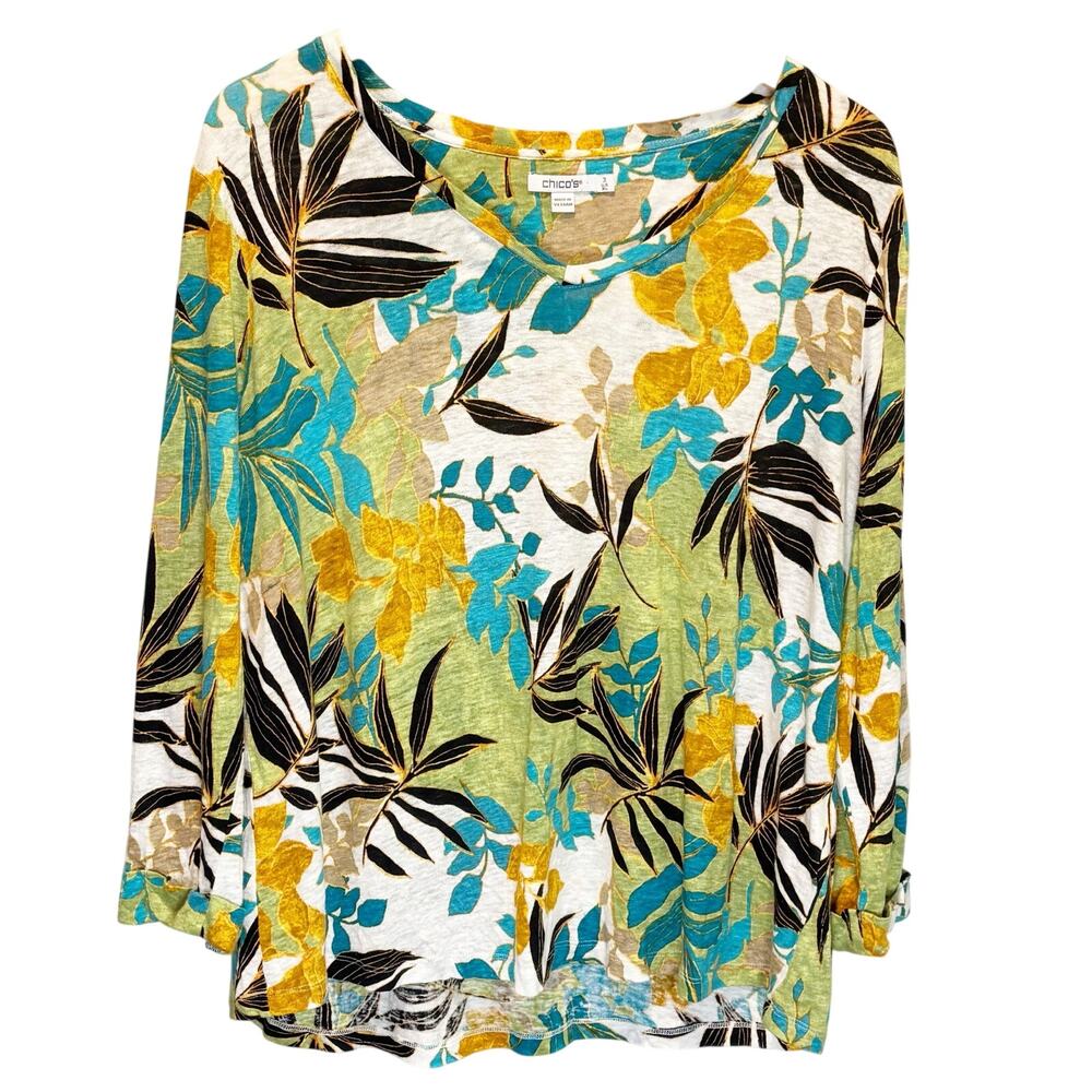 Chico's Multi-Color Palm Print Long Sleeve Linen Top - size 3 (US XL)